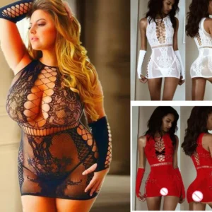 Lingerie Mini Dress Fishnet Bodysuit Crotch-Less Women Lace Sleepwear Underwear